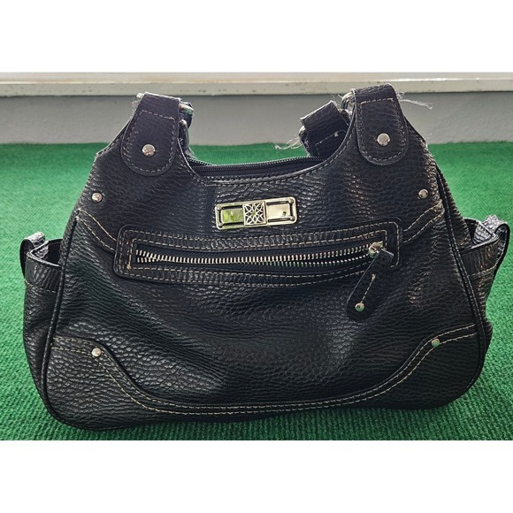 Black Faux Leather Handbag‎ Shoulder Bag Small Purse Pocketbook Silver Detail - Picture 2 of 9